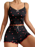Summer New Large Print Pit Strip Home Lady Bow Slings Shorts Strawberry Print Two