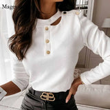 3xl Solid Color Slim Autumn Office Lady Style T-shirts Top Long Sleeve Women's Shirts with Button T-shirt Female
