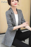 Vintage Office Lady Notched Collar Plaid Women Blazer Single Button Autumn Jacket 2023 Casual Pockets Female Suits