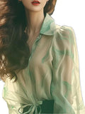Toloer Elegant Exquisite Beauty Green Collar Long-Sleeved Shirt Women Spring And Autumn Yangqi Small Sun Protection