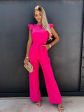 Women's Jumpsuits Casual O-neck Ruffles Belt Ladies Wide Leg Playsuits Elegant Rose Red Overalls Monos Verano 2023