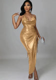 Sexy Halter Sleeveless Solid Metallic Pleated Asymmetrical Club