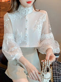 Lace Mesh Shirts Spring White Blouse Stand Collar Lantern Sleeve Tops Flowers Embroidery Women's Clothing Elegant