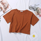 Summer Short Sleeve T Shirts Women Cotton Solid T-shirt O Neck High Waist Crop Top Tee Female Casual Loose T