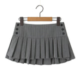 Grey Striped Print Side 3 Buttons Pleated Mini Skirt Sexy Low Waist Short Skater Skirts-Outfit