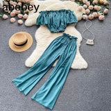Summer Green/Black/Red Two Piece Set Women Sexy Slash Neck Short Tops + High Waist Wide Leg Pants Female Suit
