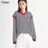 Women Sweatshirts 2023 Spring Long Sleeve V Neck Loose Hoodie Black and White Stripes Embroidery Casual Chic