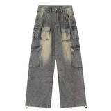 women retro washed work jeans American street fashion brand Y2k straight loose wide leg jeans-Outfit