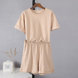 Summer Cotton Sets Women Casual Two Pieces Short Sleeve T Shirts and High Waist Short Pants Solid Outfits