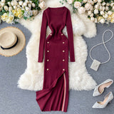 Women Sexy Split Knitting Dress Autumn Winter O Neck Long Sleeve Dress Korean Elasticity Warm Sheath Sweater