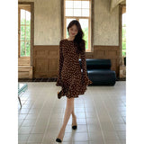 Design-Sensitive Cocoa Wave Point Slashing Trumpet Sleeves Wave Dot Dress In Autumn