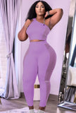 Mesh Patch Tight One Shoulder Crop Top and High Waist Pants 2PC