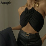 2021 Y2K Casual Summer Sexy Women Chain Halter Tank Tops Casual Off Shoulder Skinny Crop Tops