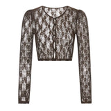 Women Lace T-shirts Fall Winter 2024 Sexy Mesh Crop Top Clothes 2000s Clothes y2k Fairy Grunge Long Sleeve Top Streetwear Club-Outfit