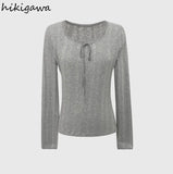 Woman Tshirts O-neck Long Sleeve Tunic Tees Temperament Simple Chic T-shirts 2023 Ropa Mujer Bandage Casual T Shirt Tops-Outfit