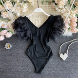 Women Girl Soild V Neck Mesh Ruffle Lotus Leaf Sleeve Bodysuits Swim Beach Holiday Bodysuit Rompers