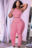 Mesh Patch Tight One Shoulder Crop Top and High Waist Pants 2PC