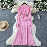 Small Fragrant High-Grade Metal Buckle Waist Dress Women 2025 Autumn Thin Temperament Hollow Knitted Long