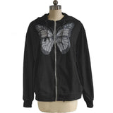 Y2K Fashion Oversized Butterfly Graphic Rhinestone Zip Up Hoodies E-girl 90s Streetwear Diamond Grey Long Jacket Autumn