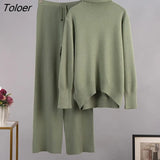 Turtleneck Sweater 2 Piece Set Winter Knitted Long Sleeve Casual Office Stretch Outfit Women Drawstring Wide Pant Suit