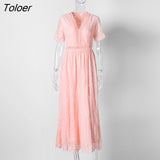 2023 Summer Boho Women Maxi Dress Loose Embroidery White Lace long Tunic Beach Dress Vacation Holiday Women
