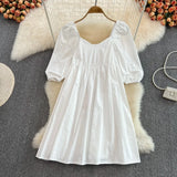 V-neck Loose Lantern Sleeve Mini Dress Fashion Blue Summer Women A-line dress 2022 Solid retro high waist