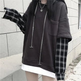Fake Two Piece Hoodie Women Harajuku Plaid Sweatshirts Japan Kawaii Hoodie Casual Pullovers Tops Gray Oversize Basic