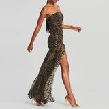 Women’s Y2K Vintage Slim Strapless Backless Mesh Patchwork Tropical Leopard Print High Slit Long Tube Party Dress-Outfit