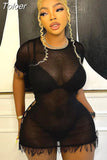 See Through Sexy Dressses Tassel Cut Out Short Sleeve Mini Bodycon Dress White Black Summer Outfits for Women