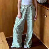 Women's Y2K Retro Aesthetic Wide Leg Drawstring Thin Pants Summer Casual Elastic Plaid Loose Trousers with Pockets-Outfit