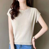 Silk Knitted Women Loose 2025 Summer New Gray Top Collar Thin Short-Sleeved T-Shirt