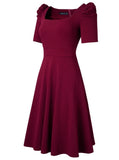 Vintage Square Collar Short Sleeves Solid A-line Midi