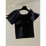 Ruffle Trim T Shirt For Women Irregular Collar Puff Sleeve Solid Loose T Shirts Female Summer Clothing Style