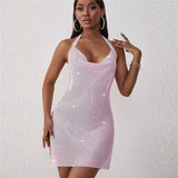 Sexy Pink Sparkling Sequins Halterneck Sleeveless
