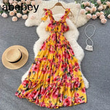 Elegant Women Floral Print Summer Dress Sexy Spaghetti Strap 2022 Sleeveless Backless Maxi Long Beach Holiday