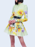 Casual A Line Dress For Women Stand Collar Long Sleevehigh Waist Spliced Belt Hit Color Mini Dresses Female Clothing