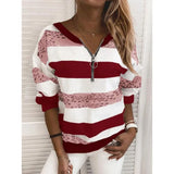 Zipper Tshirts Christmas Print Fashion Casual O-Neck Long Sleeve Elegant Top Pullover T-Shirt Streetwear