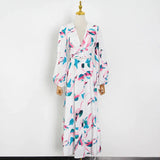 TWOTWINSTYLE Vintage Print Two Piece Set For Women V Neck Long Sleeve Hollow Out Tops High Waist Maxi Skirts Casual Sets