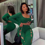 Women Rib Two Piece Sets Long Sleeve Square Collar Crop Top T-Shirt Hollow Out Buttons Design Pants Autumn High