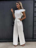 Women's Jumpsuits Casual O-neck Ruffles Belt Ladies Wide Leg Playsuits Elegant Rose Red Overalls Monos Verano 2023