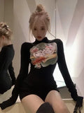 Tshirts Crop Tops Print Long Sleeve Tunic Tees Half High Collar Casual Chic Y2k T Shirt 2023 Ropa Mujer Shirts for Women-Outfit