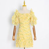 High Street Patchwork Ruffle Trim Dress For Women Square Collar Short Sleeve Gathered Waist Mini Dresses Female