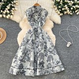 New Women's High-End Elegant Dress Women's Collar Sleeveless Single Buckle Ink Painting Long