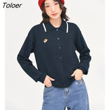 Women Knit Cardigan 2022 Autumn Long Sleeves Polo Collar Sweaters Embroidery Print Green Blue Casual Chic