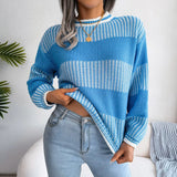 O-neck Knitted Pullover Autumn Casual Stripe Loose Sweater 2023 Long Sleeve Fashion Woman Spring Chic Soft Tops