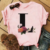 Letter Alphabet A-Z Women T-Shirts Fashion Breathable Flowers Short Sleeve Casual Tops Couple Basic Tee Crew Neck Clothes