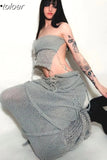 Distressed Knitted Sweater Dress Trashy Y2k Summer Outfits Two Piece Set Woman Fringe Long Skirt and Top