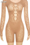Summer Solid Hollow Out One Pieces Rompers Club For Women 2023 Long Sleeve See Through Slim Playsuits Elastic