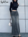 Retro Classic All-Match Vitality Casual Commuter Outing Tight Sexy White Irregular Women'S Long Denim Skirt Girl Cool-Outfit