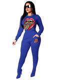 Women Two Piece Set Top and Pants Strech Skinny Mouth Print Active Wear Casual Outfit Macthing Sets Wholesale